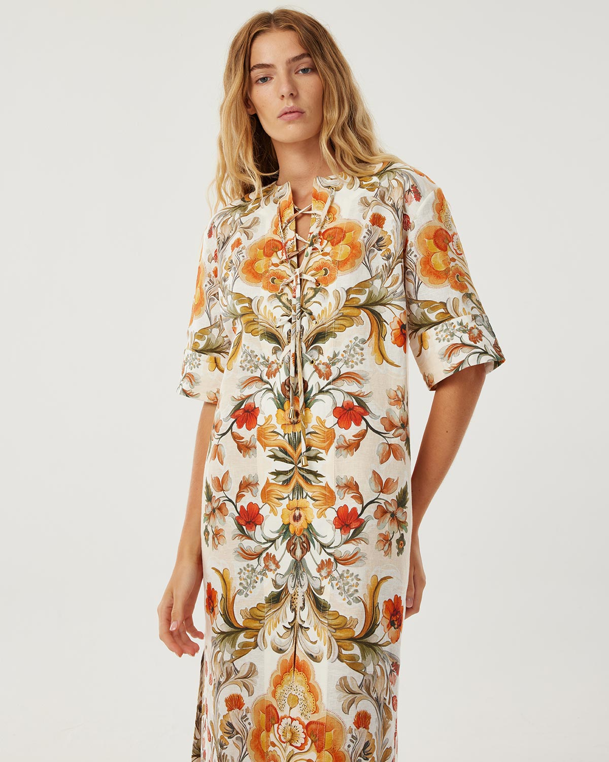 Calista Linen Dress - Sun Fire Garden - Cream