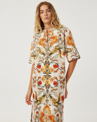 Calista Linen Dress - Sun Fire Garden - Cream