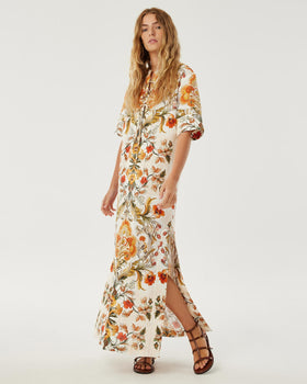 Calista Linen Dress - Sun Fire Garden - Cream
