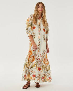 Bianca Linen Maxi Dress - Sun Fire Garden - Cream