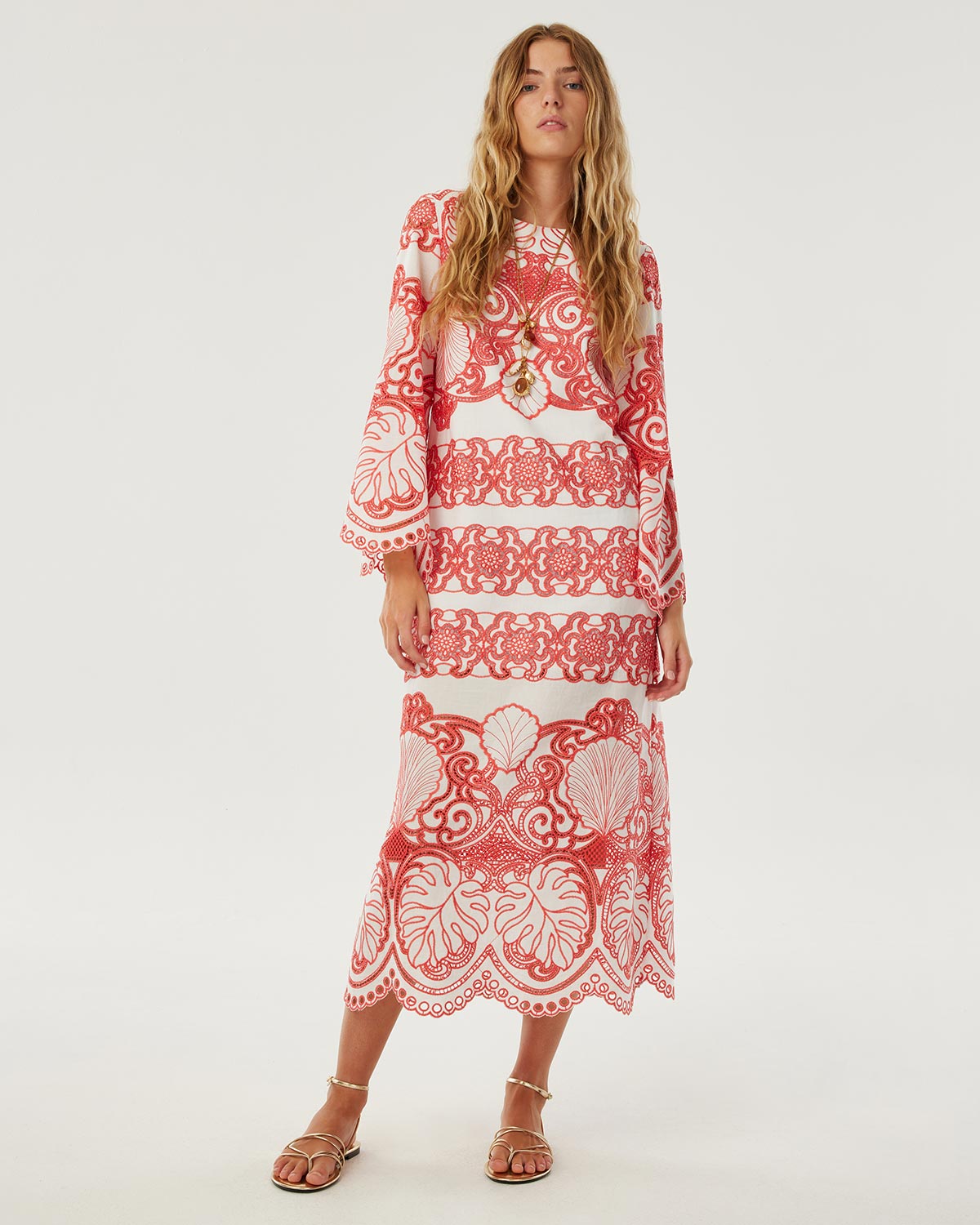 Seraphina Lace Midi Dress - White & Coral