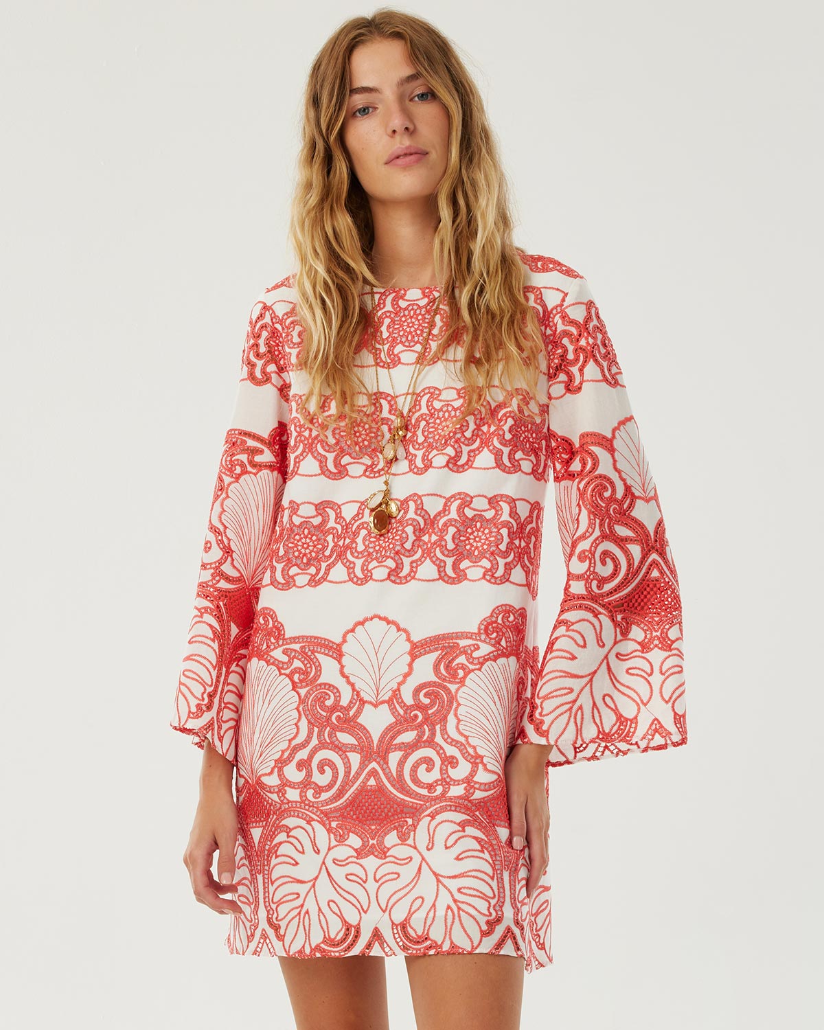 Stevie Lace Mini Dress - White & Coral