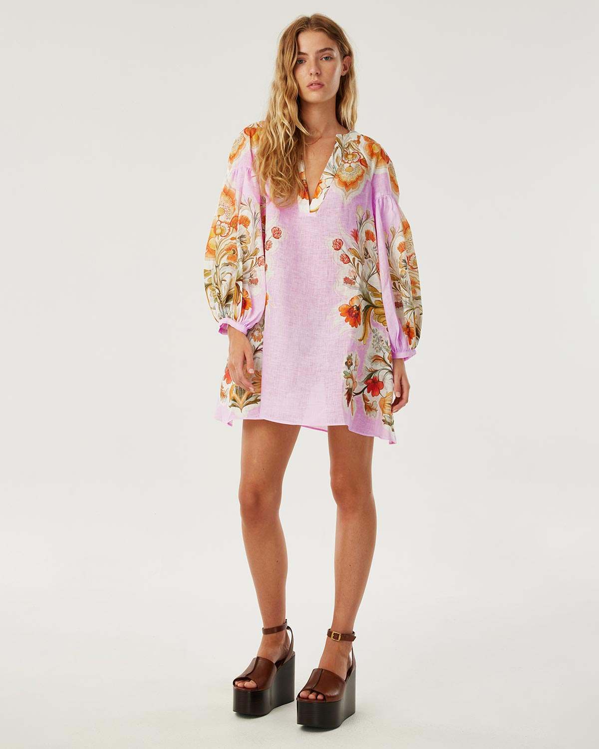Harlow Linen Mini Dress - Sun Fire Garden - Lilac