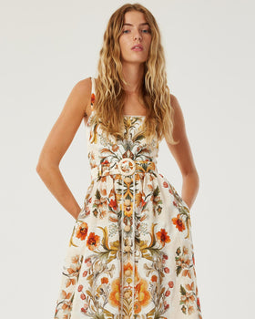 Petra Linen Midi Dress - Sun Fire Garden - Cream