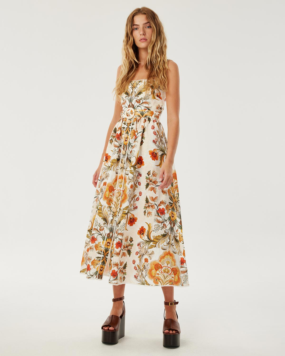 Petra Linen Midi Dress - Sun Fire Garden - Cream