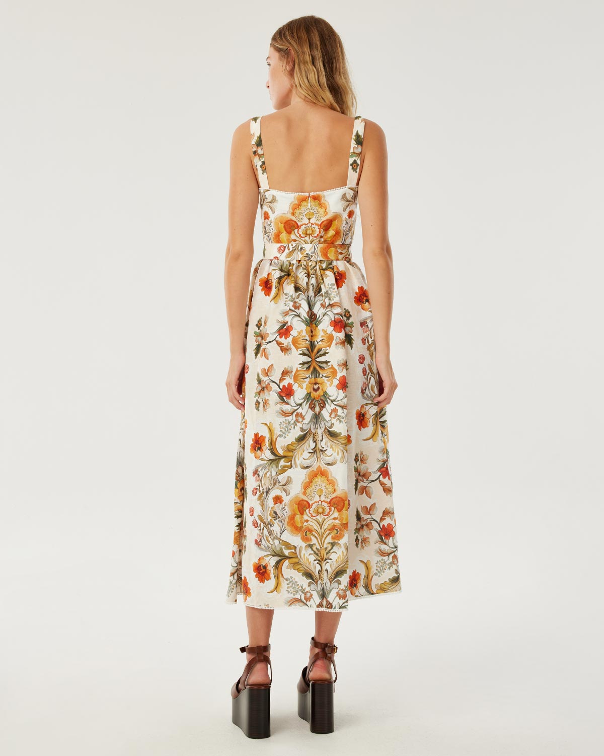 Petra Linen Midi Dress - Sun Fire Garden - Cream