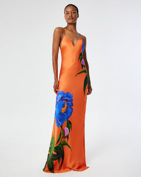 Olive Satin Maxi Dress - Floral Candy Coral